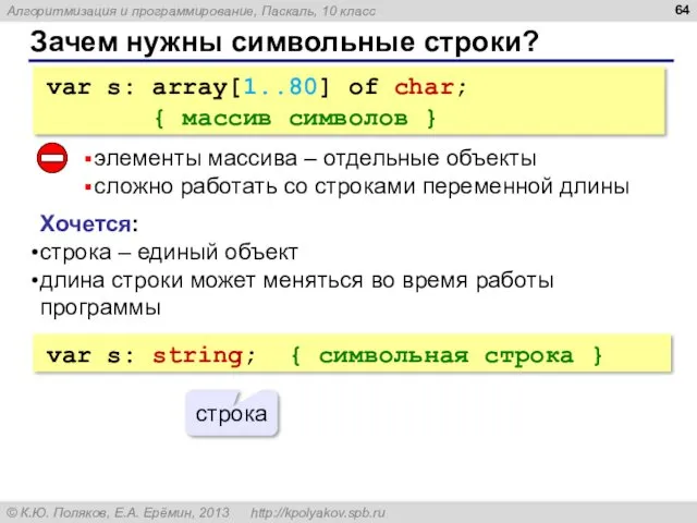 Зачем нужны символьные строки? var s: array[1..80] of char; {