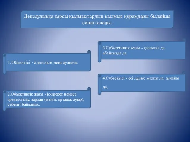 Денсаулыққа қарсы қылмыстардың қылмыс құрамдары былайша сипатталады: 1.Обьектісі - адамның