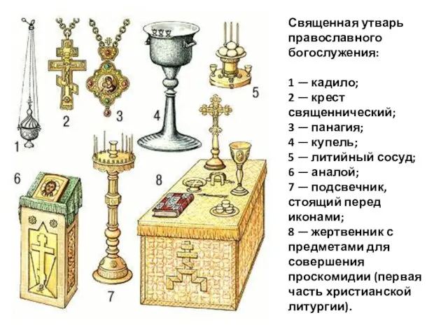 Священная утварь православного богослужения: 1 — кадило; 2 — крест