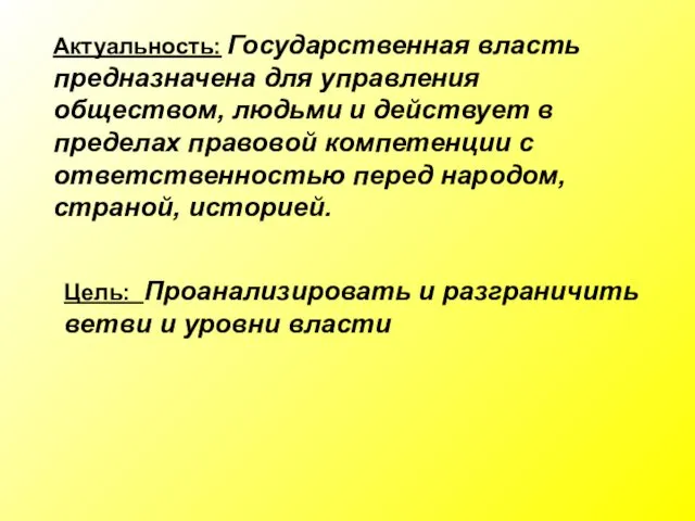 Актуальность: Государственная власть предназначена для управления обществом, людьми и действует в пределах правовой