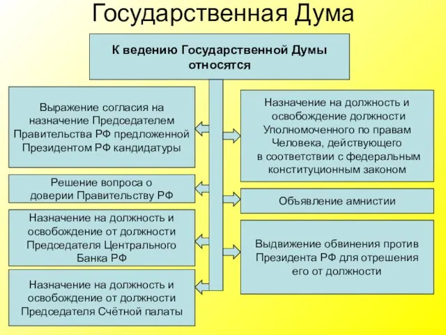 Государственная Дума К ведению Государственной Думы относятся Выражение согласия на назначение Председателем Правительства