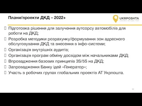 Плани/проекти ДКД – 2022+ Підготовка рішення для залучення аутсорсу автомобілів для роботи на