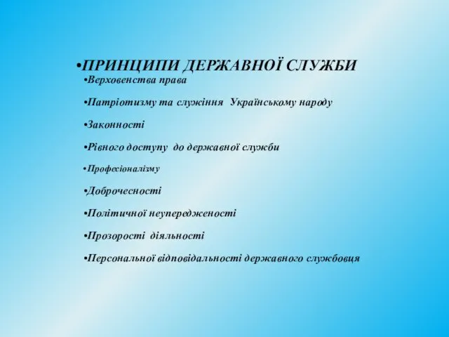 ПРИНЦИПИ ДЕРЖАВНОЇ СЛУЖБИ Верховенства права Патріотизму та служіння Українському народу