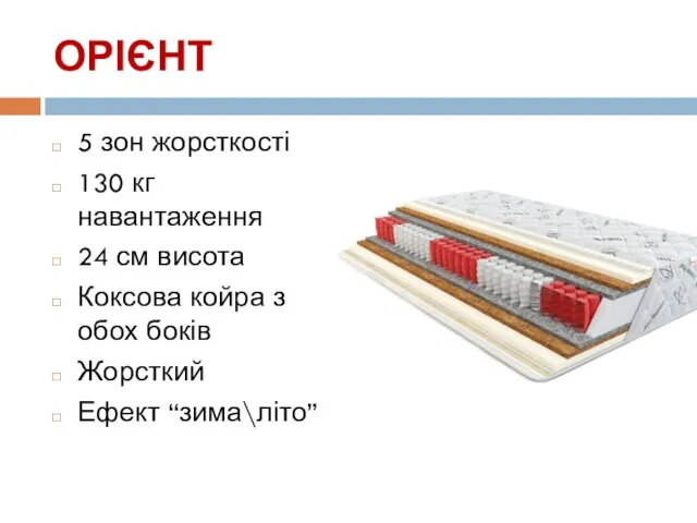 ОРІЄНТ 5 зон жорсткості 130 кг навантаження 24 см висота Коксова койра з