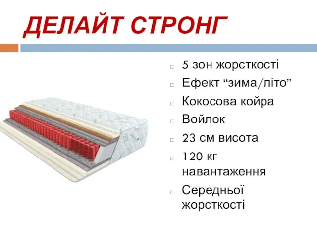 ДЕЛАЙТ СТРОНГ 5 зон жорсткості Ефект “зима/літо” Кокосова койра Войлок 23 см висота