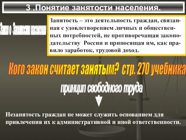 3 .Понятие занятости населения. Закон о Занятости населения Занятость –