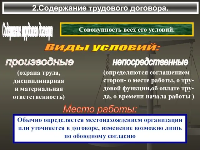 Содержание трудового договора Виды условий: 2.Содержание трудового договора. Совокупность всех