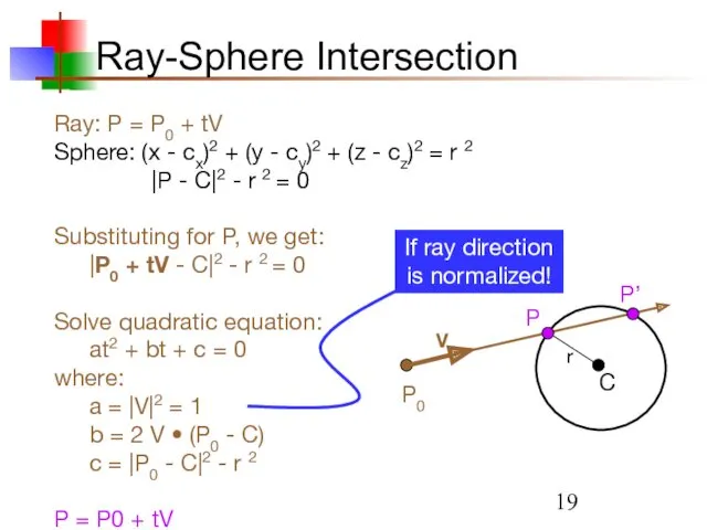 Ray-Sphere Intersection Ray: P = P0 + tV Sphere: (x
