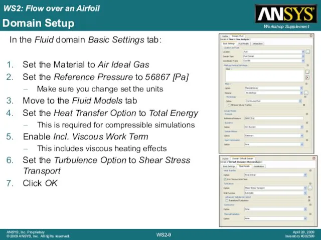 Domain Setup In the Fluid domain Basic Settings tab: Set