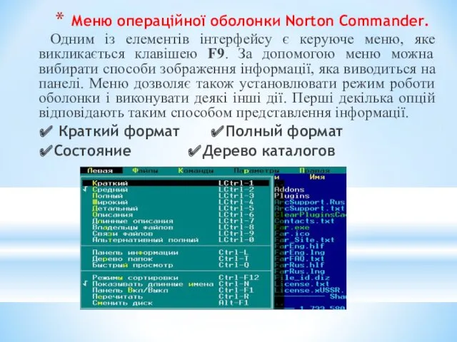 Меню операційної оболонки Norton Commander. Одним із елементів інтерфейсу є