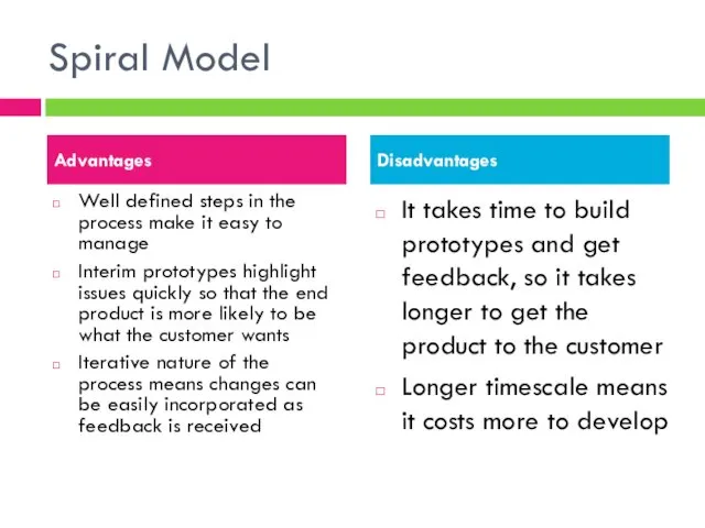 Spiral Model Well defined steps in the process make it