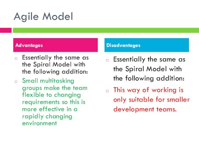 Agile Model Essentially the same as the Spiral Model with