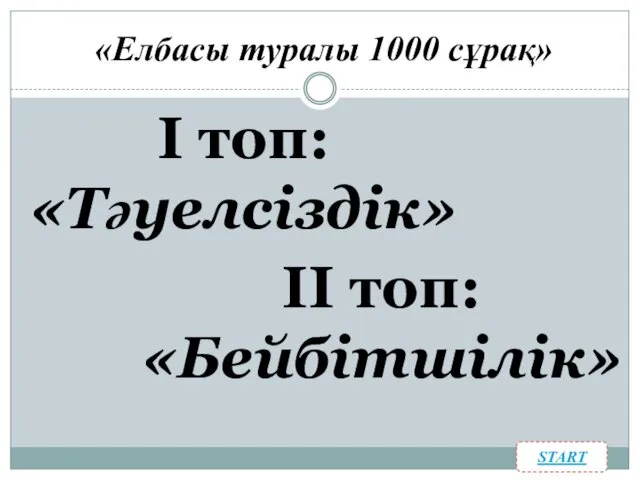 START І топ: «Тәуелсіздік» «Елбасы туралы 1000 сұрақ» ІІ топ: «Бейбітшілік»