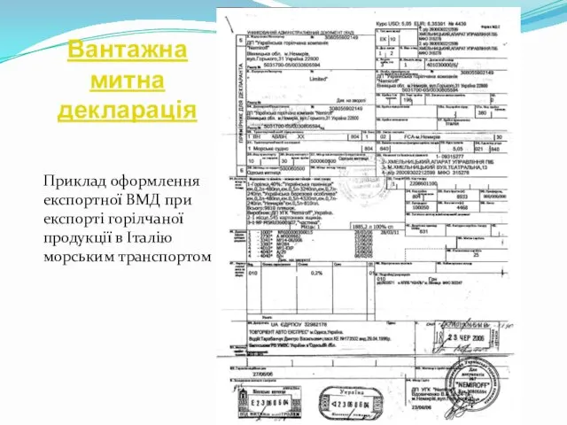 Вантажна митна декларація Приклад оформлення експортної ВМД при експорті горілчаної продукції в Італію морським транспортом