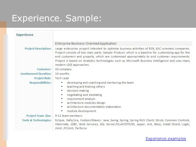 Experience. Sample: Experience examples
