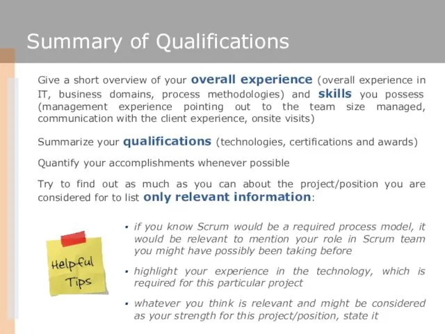Summary of Qualifications if you know Scrum would be a