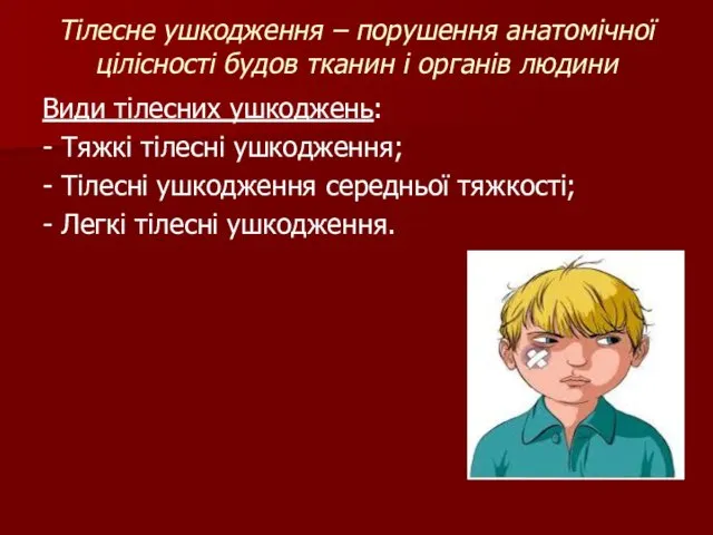 Тілесне ушкодження – порушення анатомічної цілісності будов тканин і органів людини Види тілесних