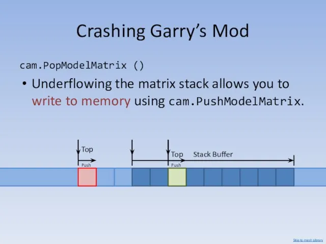 Crashing Garry’s Mod cam.PopModelMatrix () Underflowing the matrix stack allows