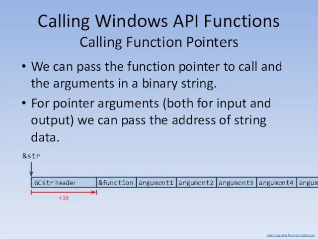 Calling Windows API Functions Calling Function Pointers We can pass