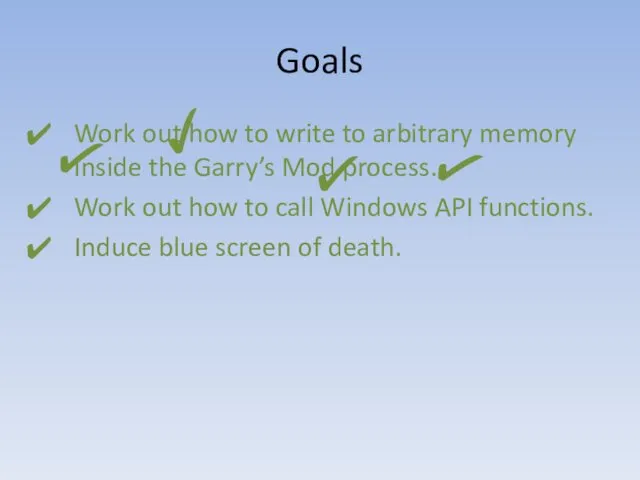 Goals Work out how to write to arbitrary memory inside