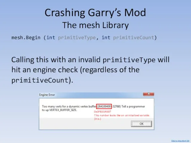 Crashing Garry’s Mod The mesh Library mesh.Begin (int primitiveType, int