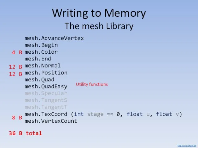 Writing to Memory The mesh Library mesh.AdvanceVertex mesh.Begin mesh.Color mesh.End