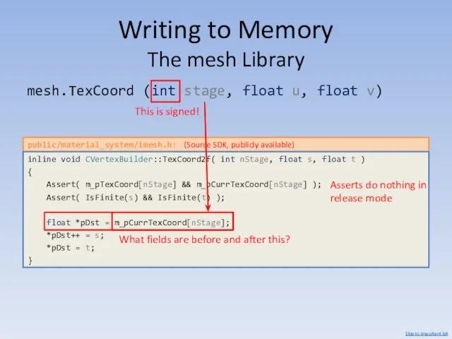 mesh.TexCoord (int stage, float u, float v) public/material_system/imesh.h: inline void