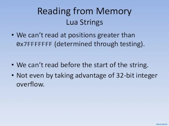 Reading from Memory Lua Strings We can’t read at positions