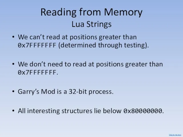 Reading from Memory Lua Strings We can’t read at positions