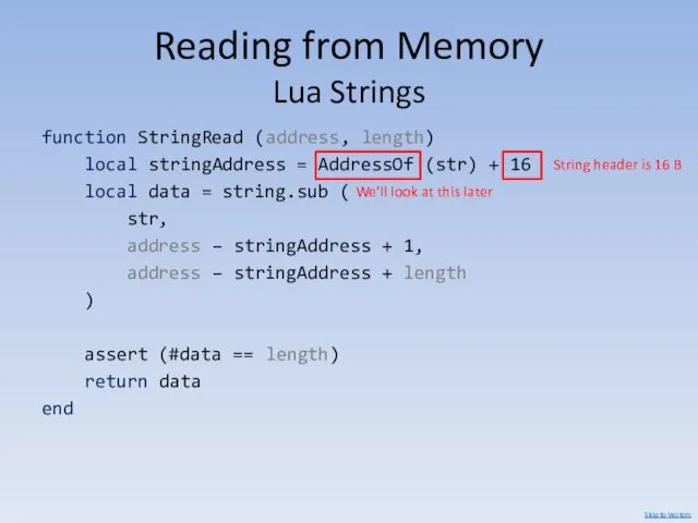 Reading from Memory Lua Strings function StringRead (address, length) local