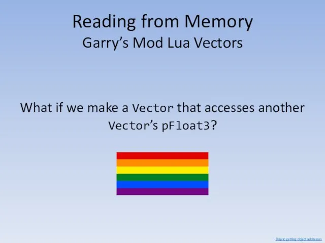 Reading from Memory Garry’s Mod Lua Vectors What if we