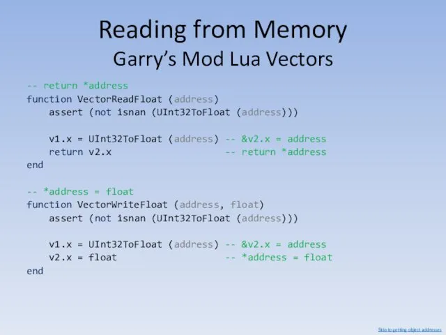 Reading from Memory Garry’s Mod Lua Vectors -- return *address