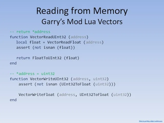 Reading from Memory Garry’s Mod Lua Vectors -- return *address