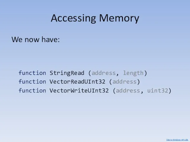 Accessing Memory We now have: function StringRead (address, length) function