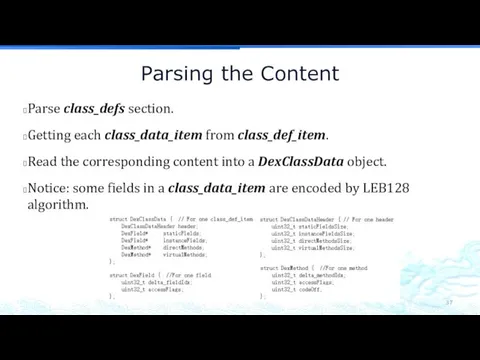 Parsing the Content Parse class_defs section. Getting each class_data_item from