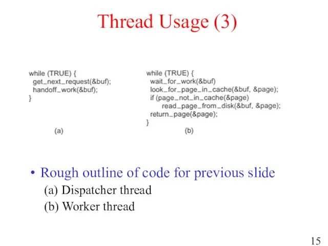 Thread Usage (3) Rough outline of code for previous slide (a) Dispatcher thread (b) Worker thread