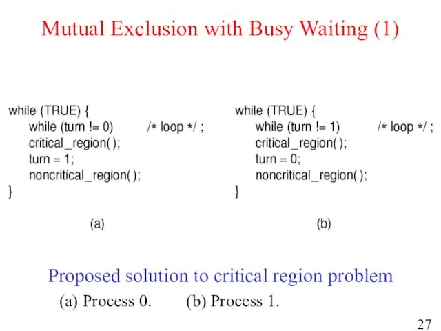 Mutual Exclusion with Busy Waiting (1) Proposed solution to critical