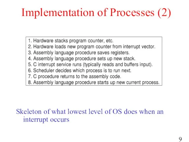 Implementation of Processes (2) Skeleton of what lowest level of OS does when an interrupt occurs