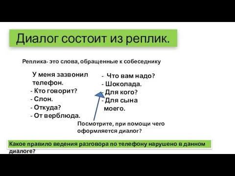 Диалог состоит из реплик. Реплика- это слова, обращенные к собеседнику У меня зазвонил