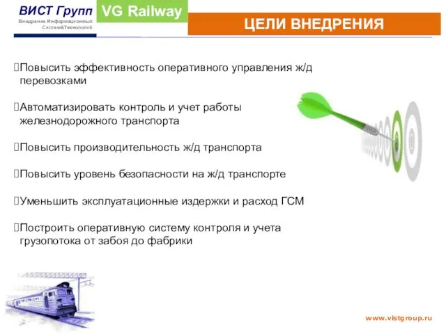 ЦЕЛИ ВНЕДРЕНИЯ VG Railway Повысить эффективность оперативного управления ж/д перевозками Автоматизировать контроль и