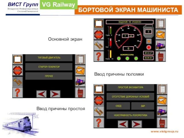 БОРТОВОЙ ЭКРАН МАШИНИСТА VG Railway Основной экран Ввод причины поломки Ввод причины простоя