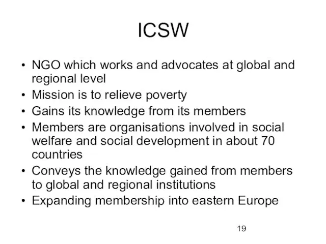 ICSW NGO which works and advocates at global and regional