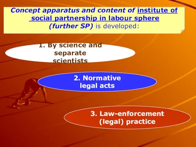 1. By science and separate scientists 2. Normative legal acts 3. Law-enforcement (legal)