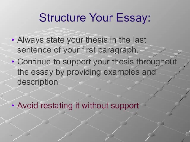 * Structure Your Essay: Always state your thesis in the