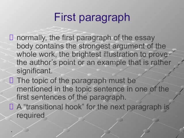 * First paragraph normally, the first paragraph of the essay