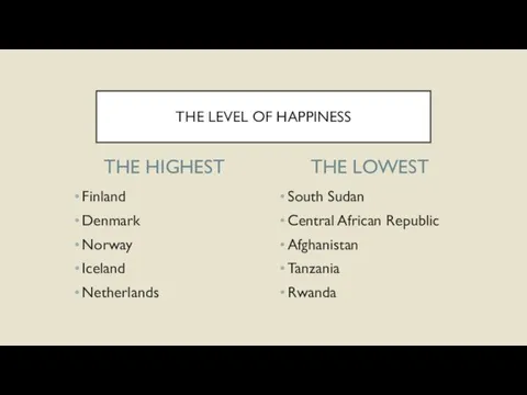 THE HIGHEST Finland Denmark Norway Iceland Netherlands South Sudan Central