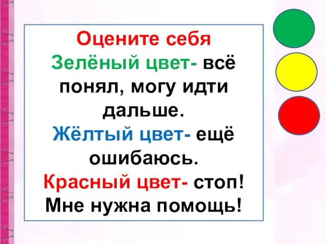 Оцените себя Зелёный цвет- всё понял, могу идти дальше. Жёлтый