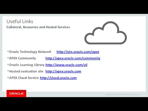 Useful Links Oracle Technology Network http://otn.oracle.com/apex APEX Community http://apex.oracle.com/community Oracle Learning Library http://www.oracle.com/oll