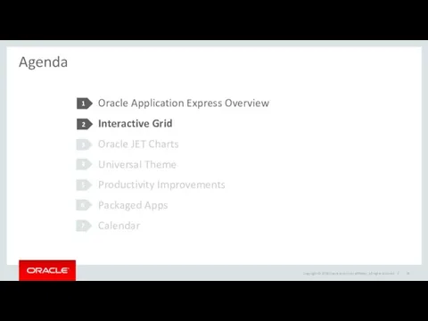 Agenda Oracle Application Express Overview Interactive Grid Oracle JET Charts Universal Theme Productivity