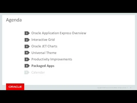 Agenda Oracle Application Express Overview Interactive Grid Oracle JET Charts Universal Theme Productivity